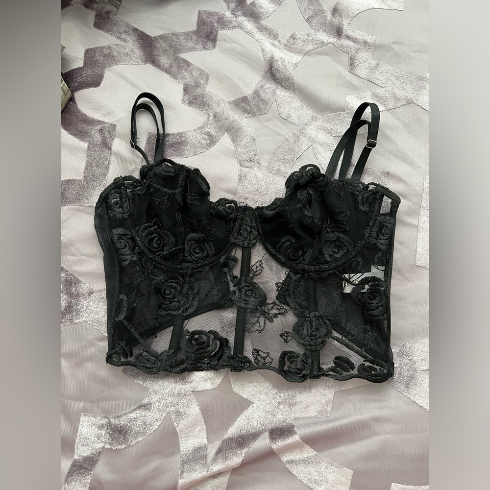 Black Rose Embroidered Straps Bustier Top